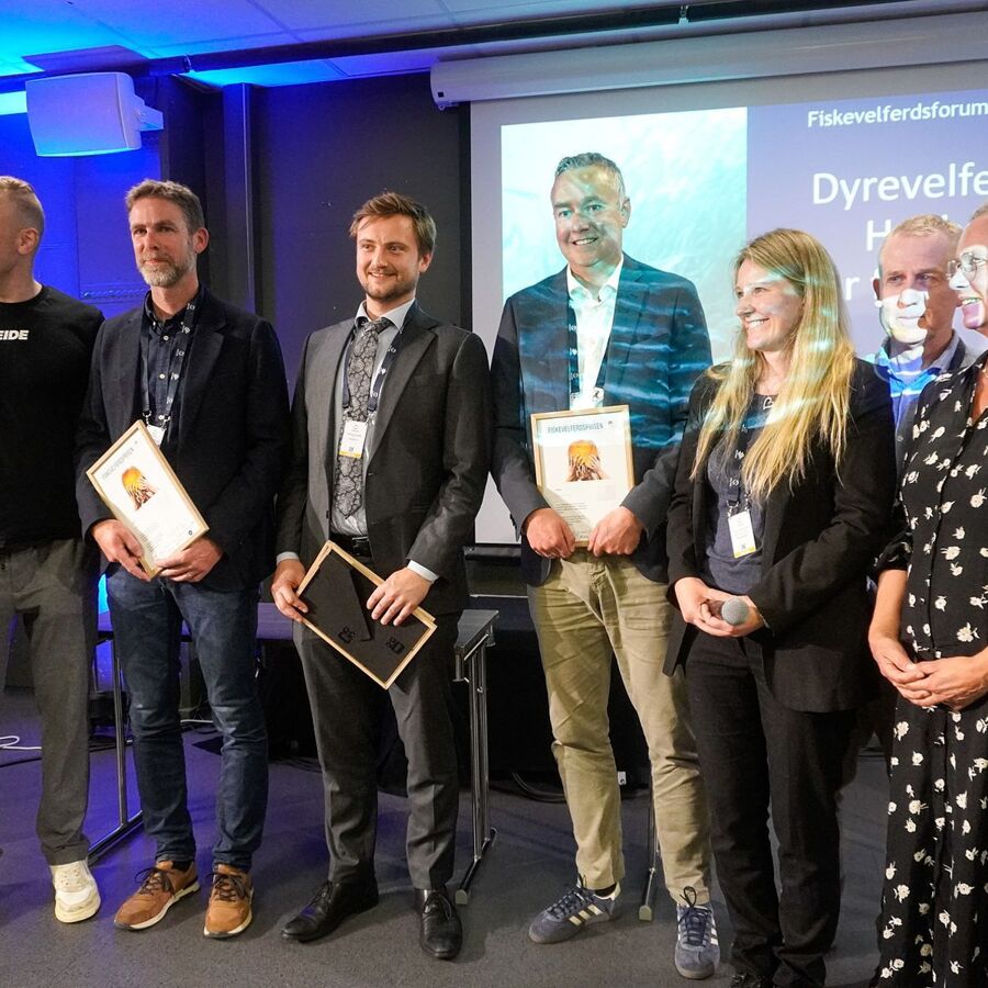 Vinnerne av Fiskevelferdsprisen sammen med representanter fra Veterinærinstituttet, Kyst.no og NCE Seafood Innovation. Foto: Ole A. Drønen, kyst.no