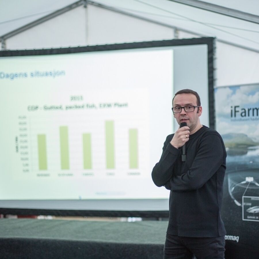 Audun Iversen fra Nofima på Cermaqs seminar om teknologisk innovasjon i lakseoppdrett. Foto: Karoline O. A. Pettersen